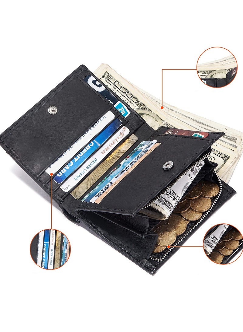 Men's Genuine Leather Chain Wallet - RFID Bifold Wallet with Zipper, 14 Card Holders, and Coin Pocket (Black) - Stylish and Secure Accessory for Everyday Use. - Image 2